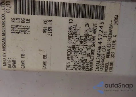 2010 Nissan Altima 2.5 S из США, поврежденный, VIN 1N4AL2AP4AN457245